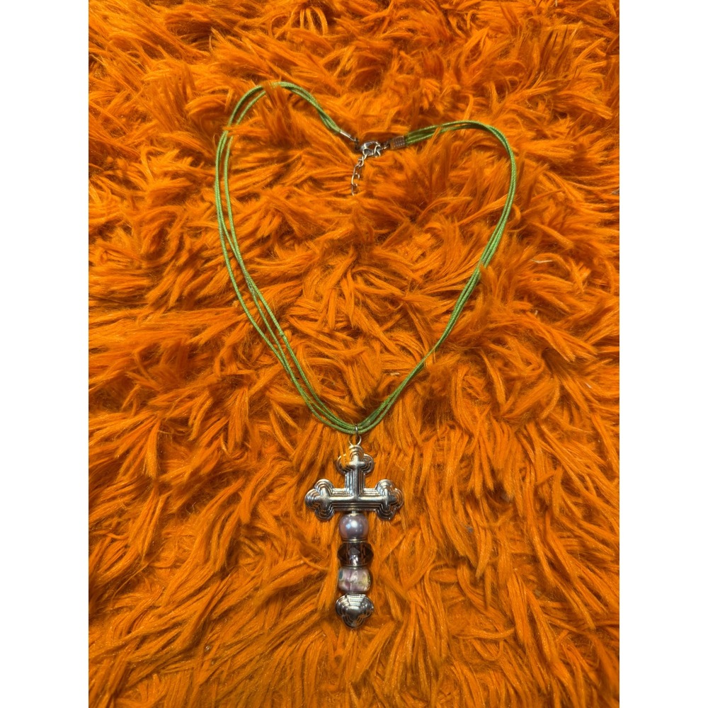 Silver Tone Cross Pendant Necklace Green Multi Strand Cord Purple Pearl Beads